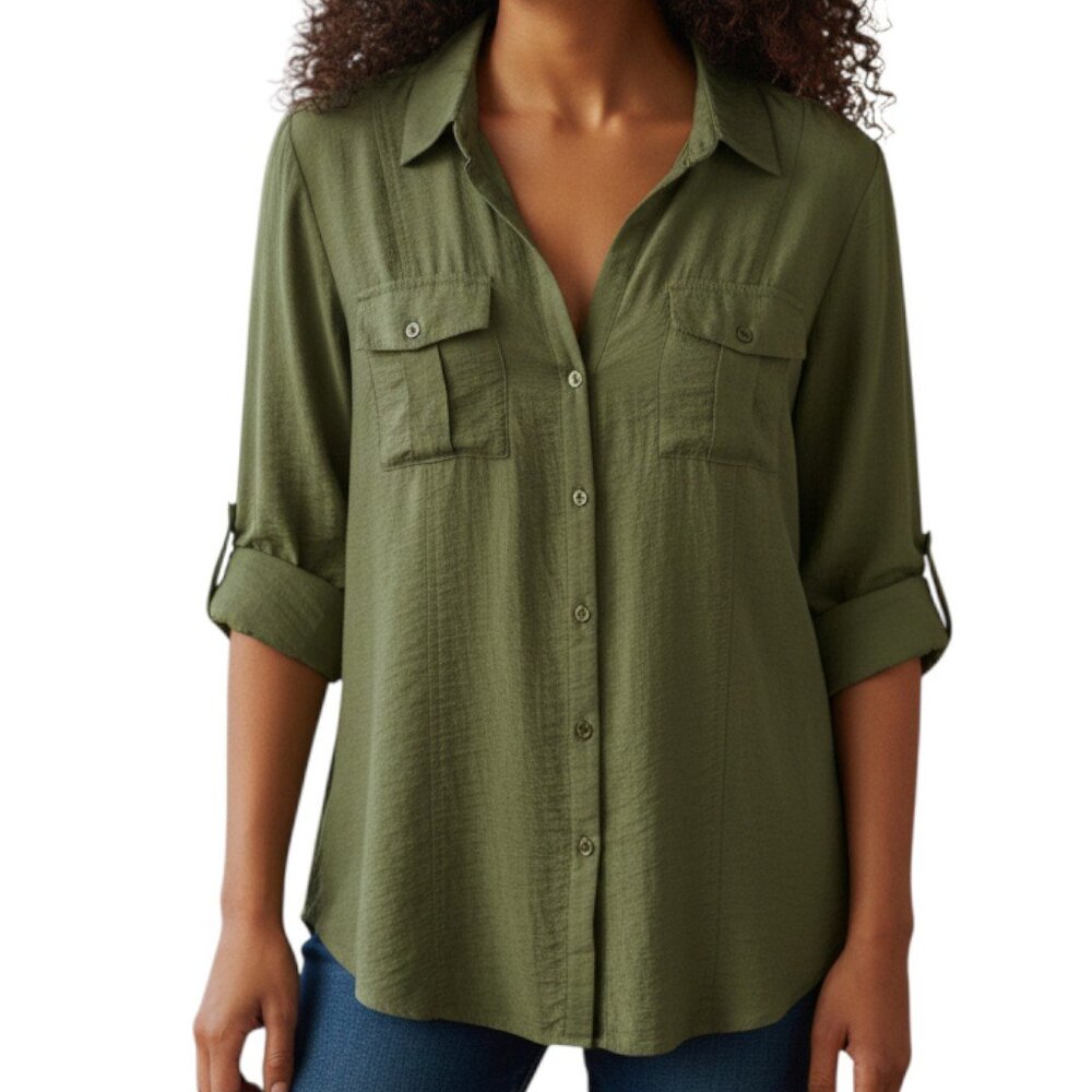 ROZ & ALI Olive Green 3/4 Sleeves Button Down Top with Pockets - Size Large